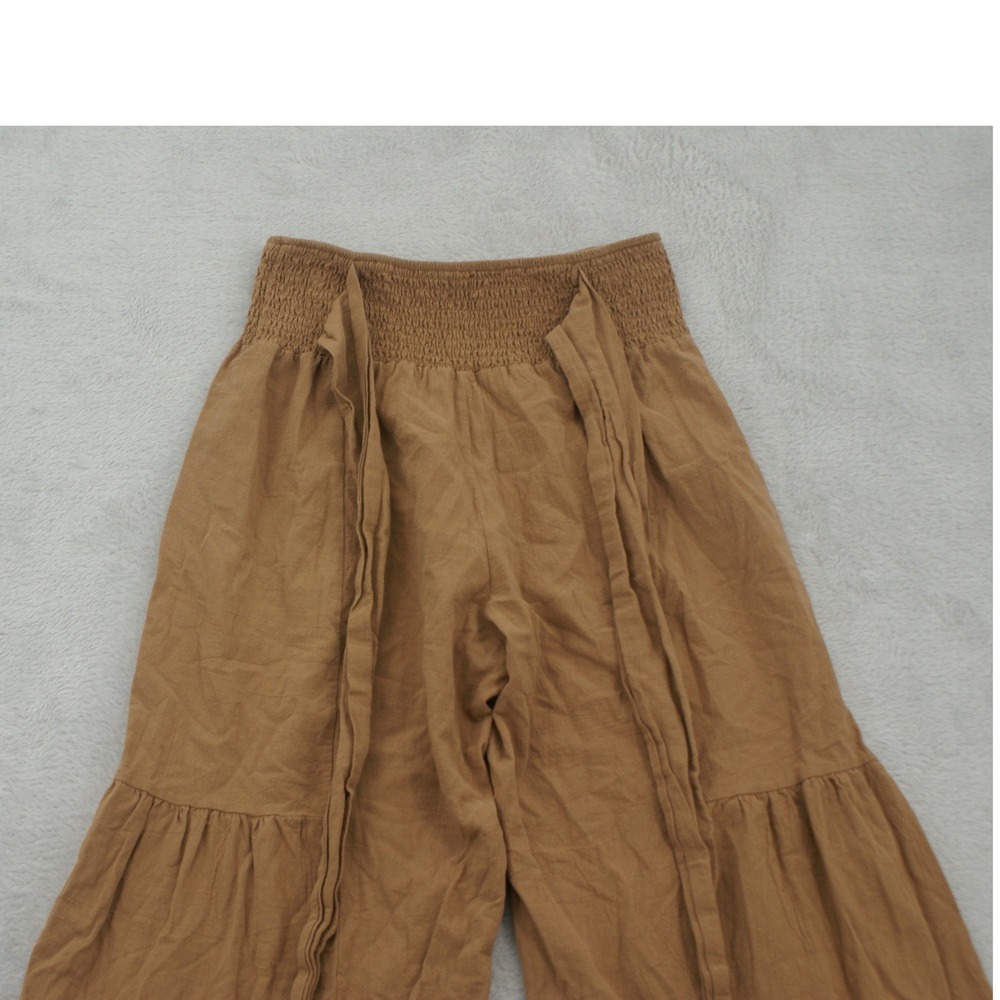 Womens Camel Brown Tiered Wide Leg Smocked Waist Boho Flowy Palazzo Pants Medium - Picture 10 of 10